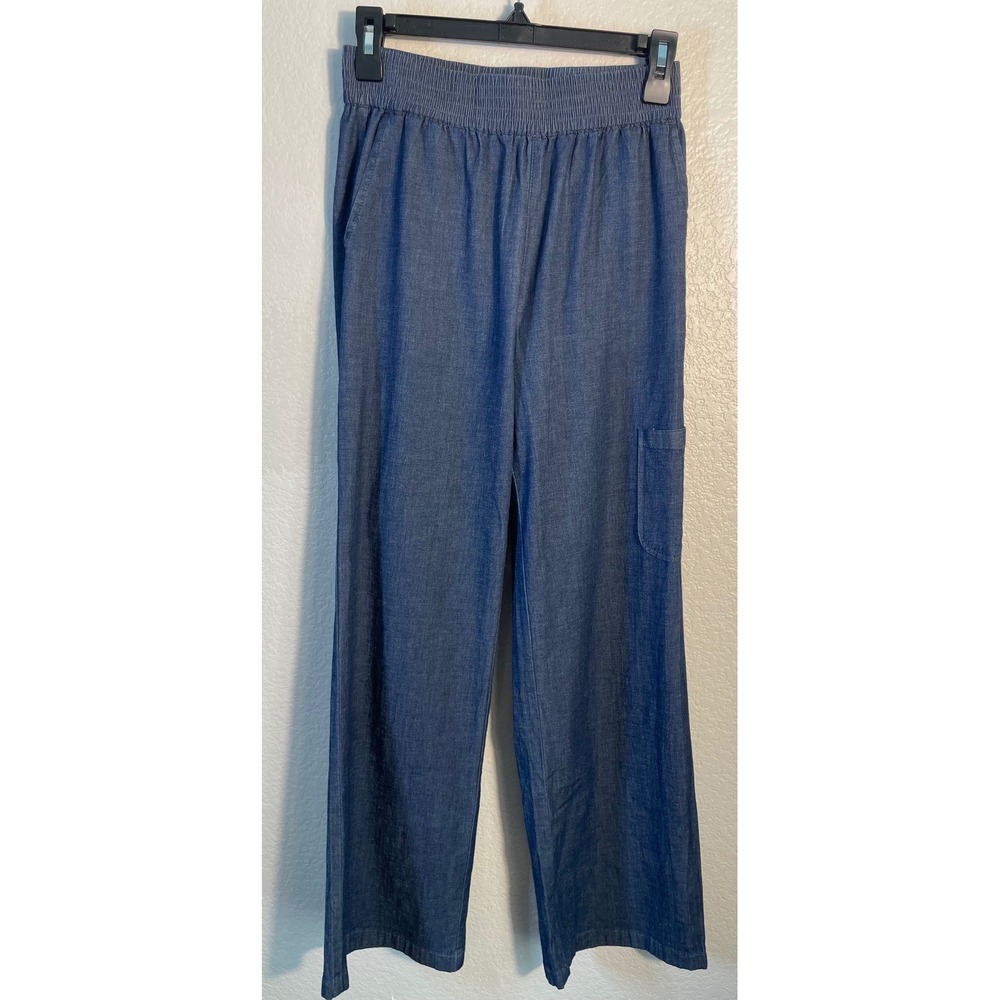 Denim & Co Womens XXS Pants Blue Smocked Waist Chambray Wide Leg Cargo Pocket